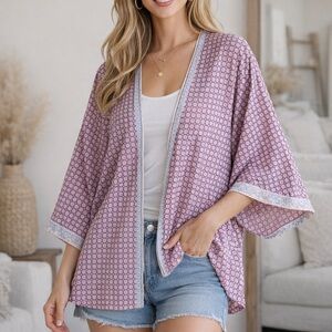 Sim & Sam‎ Cotton Kimono Top Blue Pink Geometric Open Front Size S/M